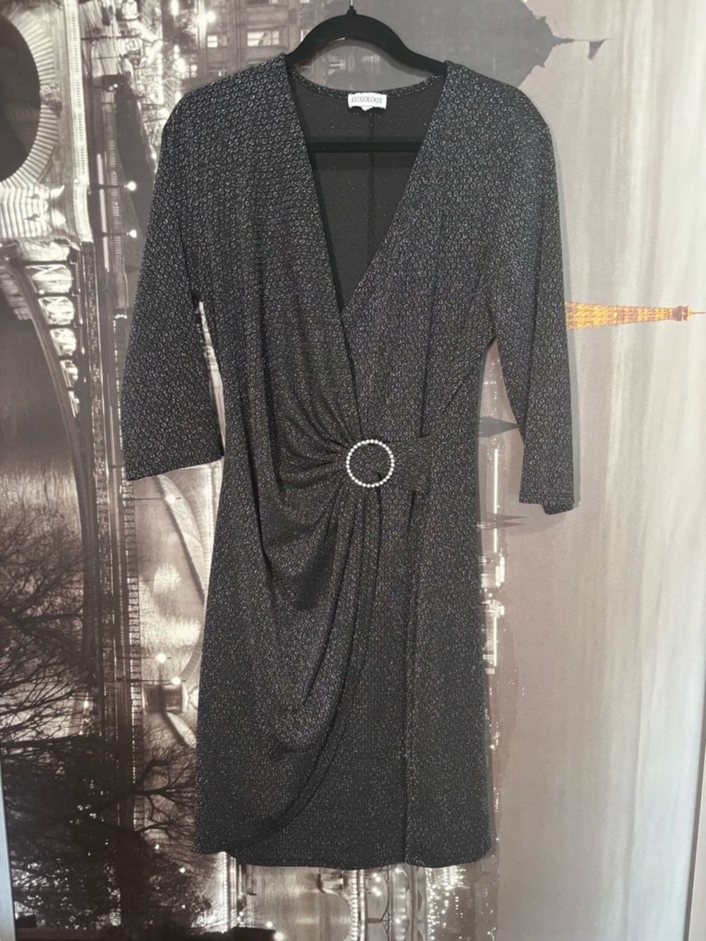 Sparkle Wrap Dress with Rhinestone Ring - Black luxology